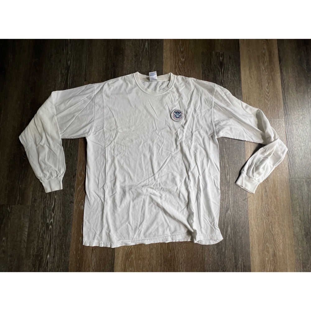 Gildan T-Shirt Mens XL White Long Sleeve Homeland Security Patch Ultra Cotton